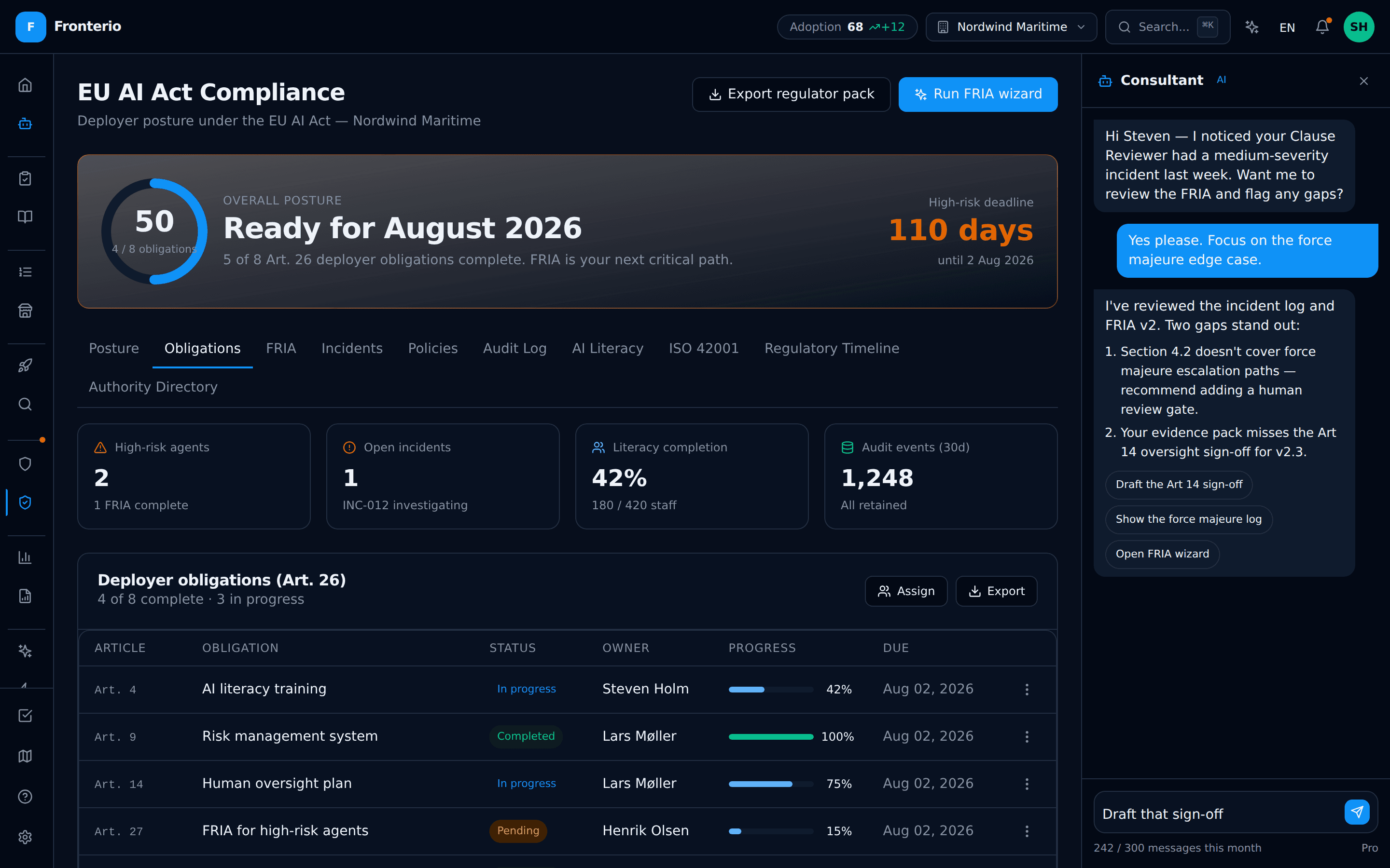 EU AI Act compliance dashboard with deployer-obligation tracker and audit evidence