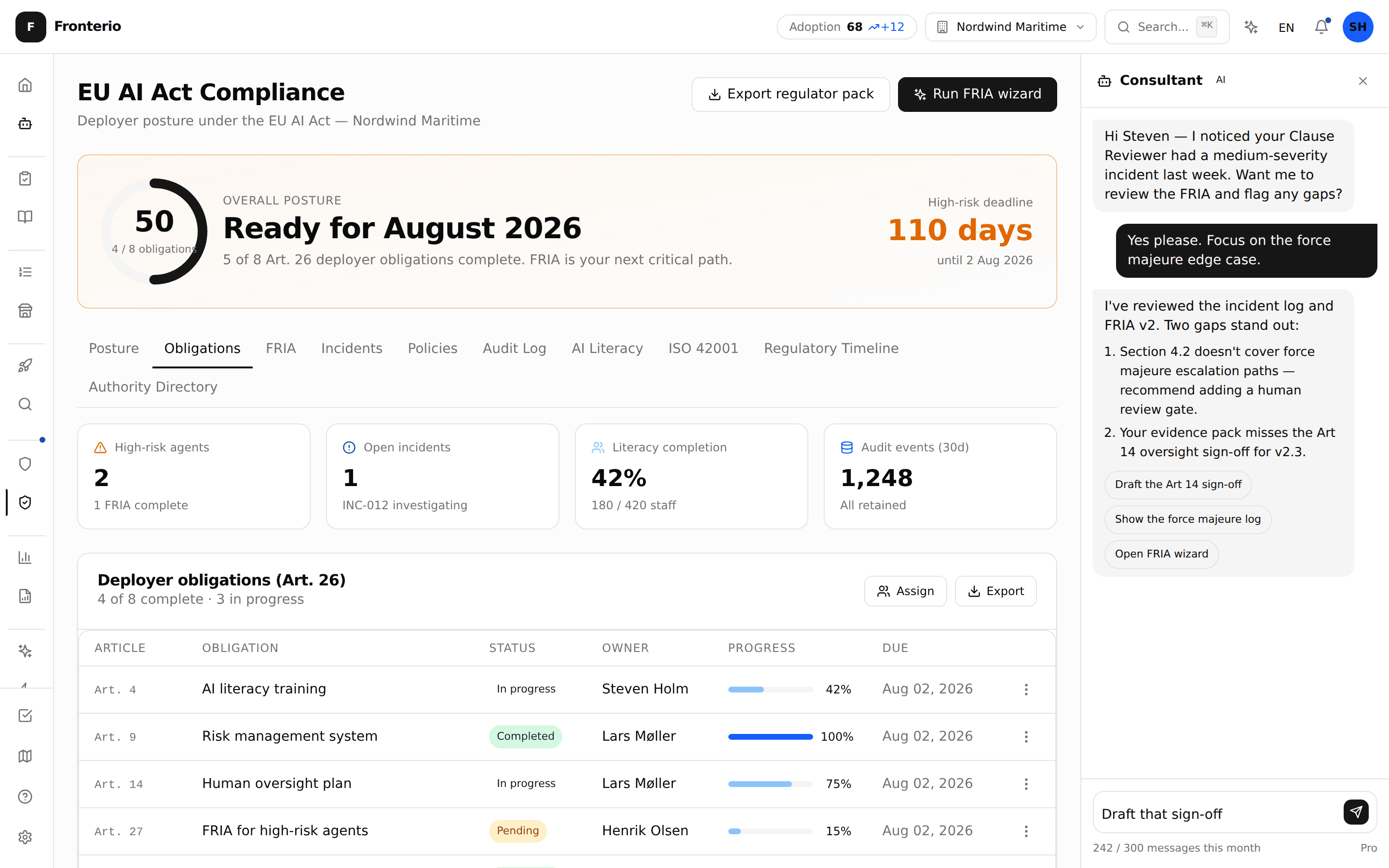 EU AI Act compliance dashboard with deployer-obligation tracker and audit evidence