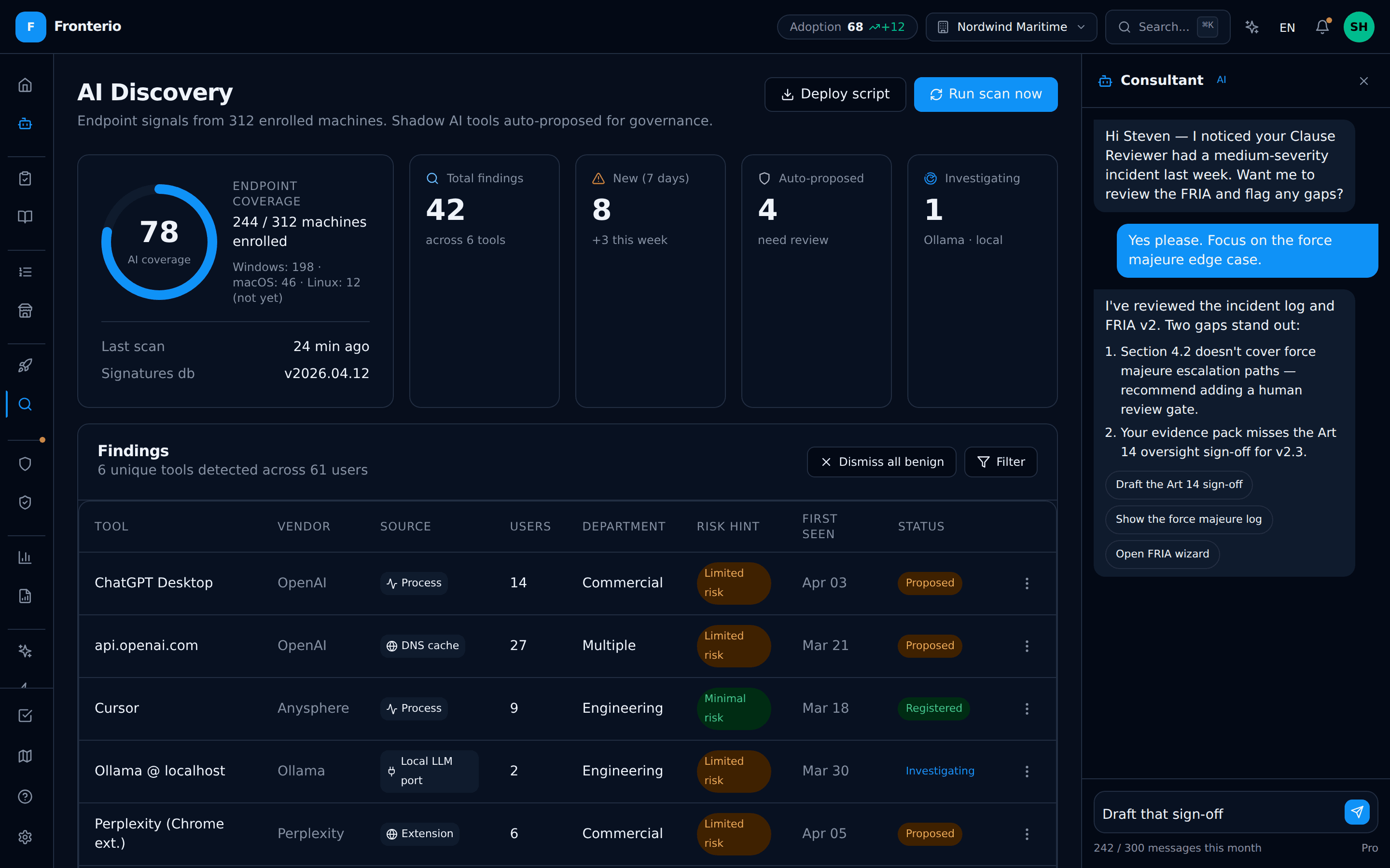 Shadow AI discovery inventory with detected tools and risk scores
