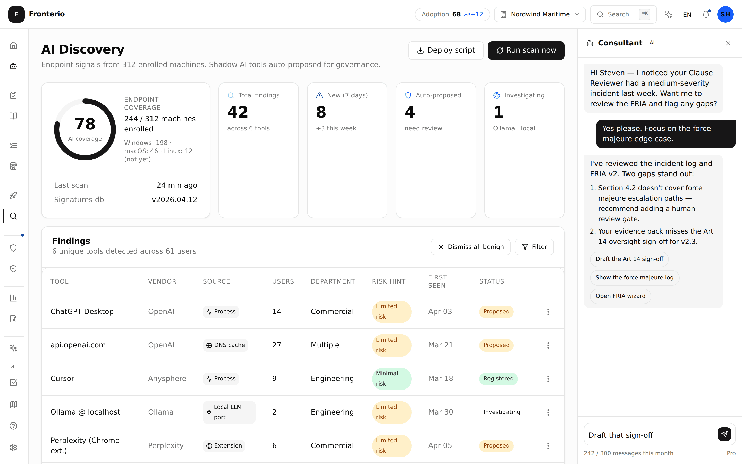 Shadow AI discovery inventory with detected tools and risk scores