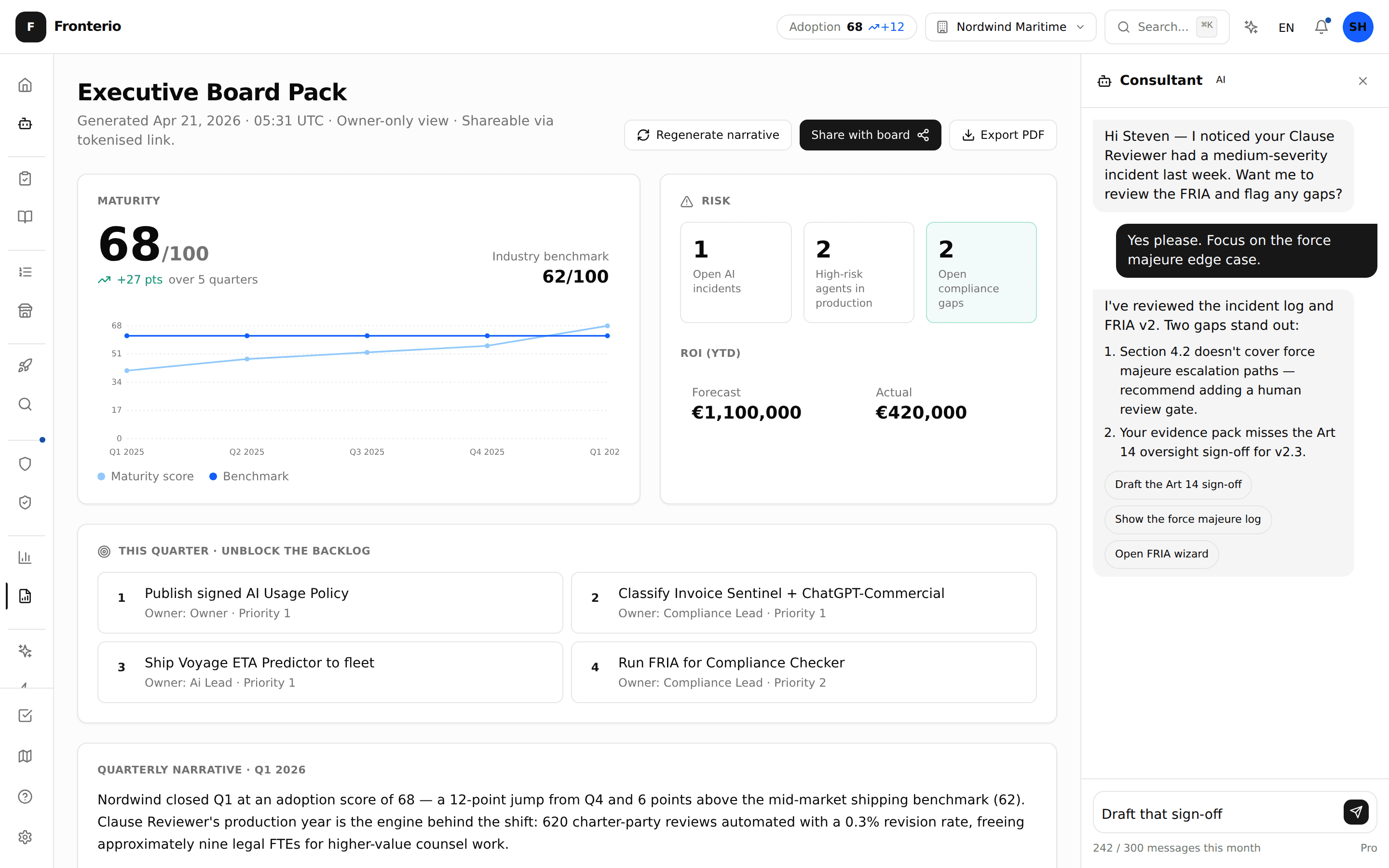 Executive Board Pack with quarterly AI narrative ratified by the exec team