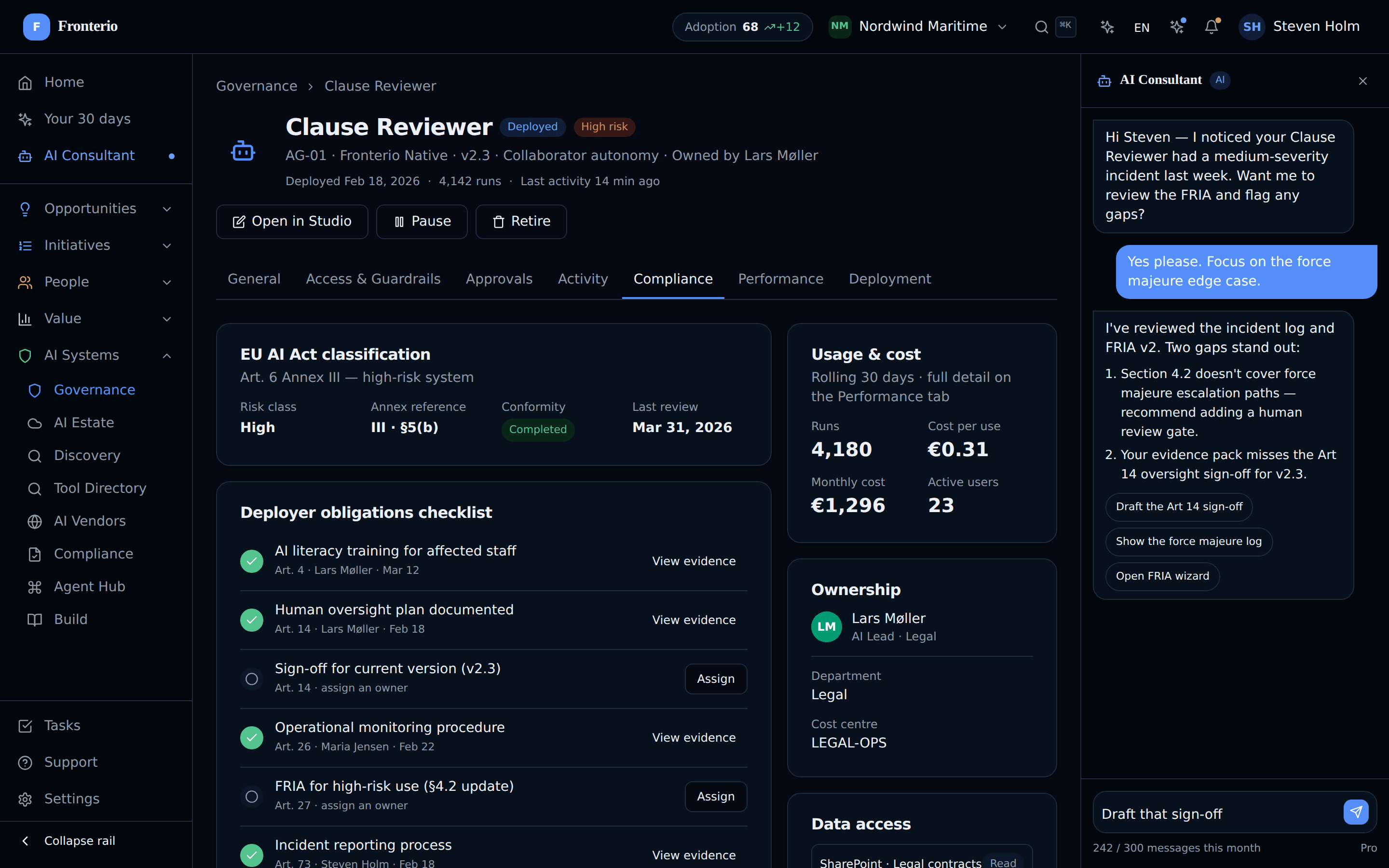 Agent governance-arbejdsflade med guardrails, godkendelser og forbundne platforme
