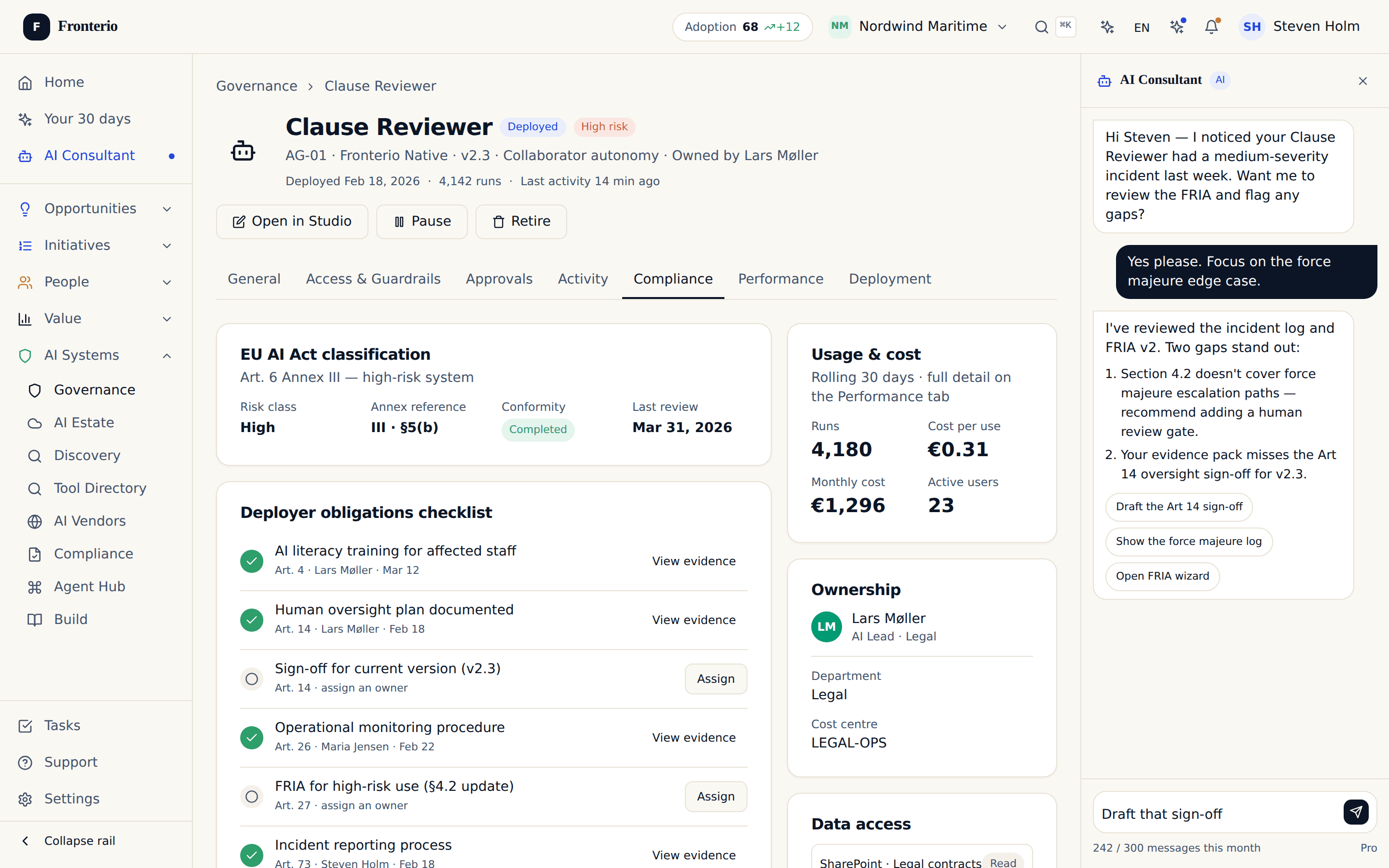 Agent governance-arbejdsflade med guardrails, godkendelser og forbundne platforme