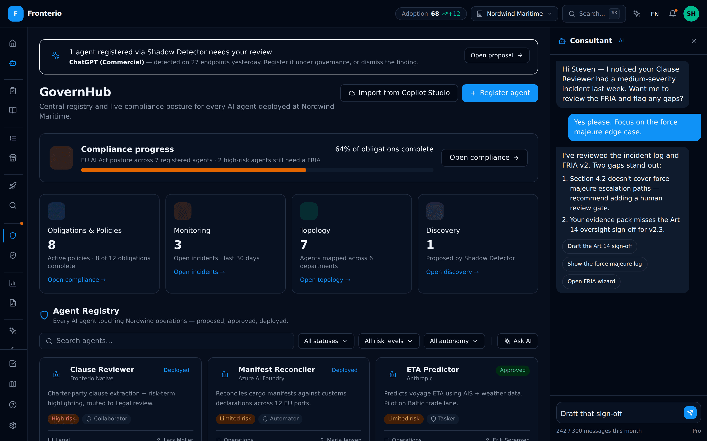 Agent Governance registry with risk classifications and approval queue