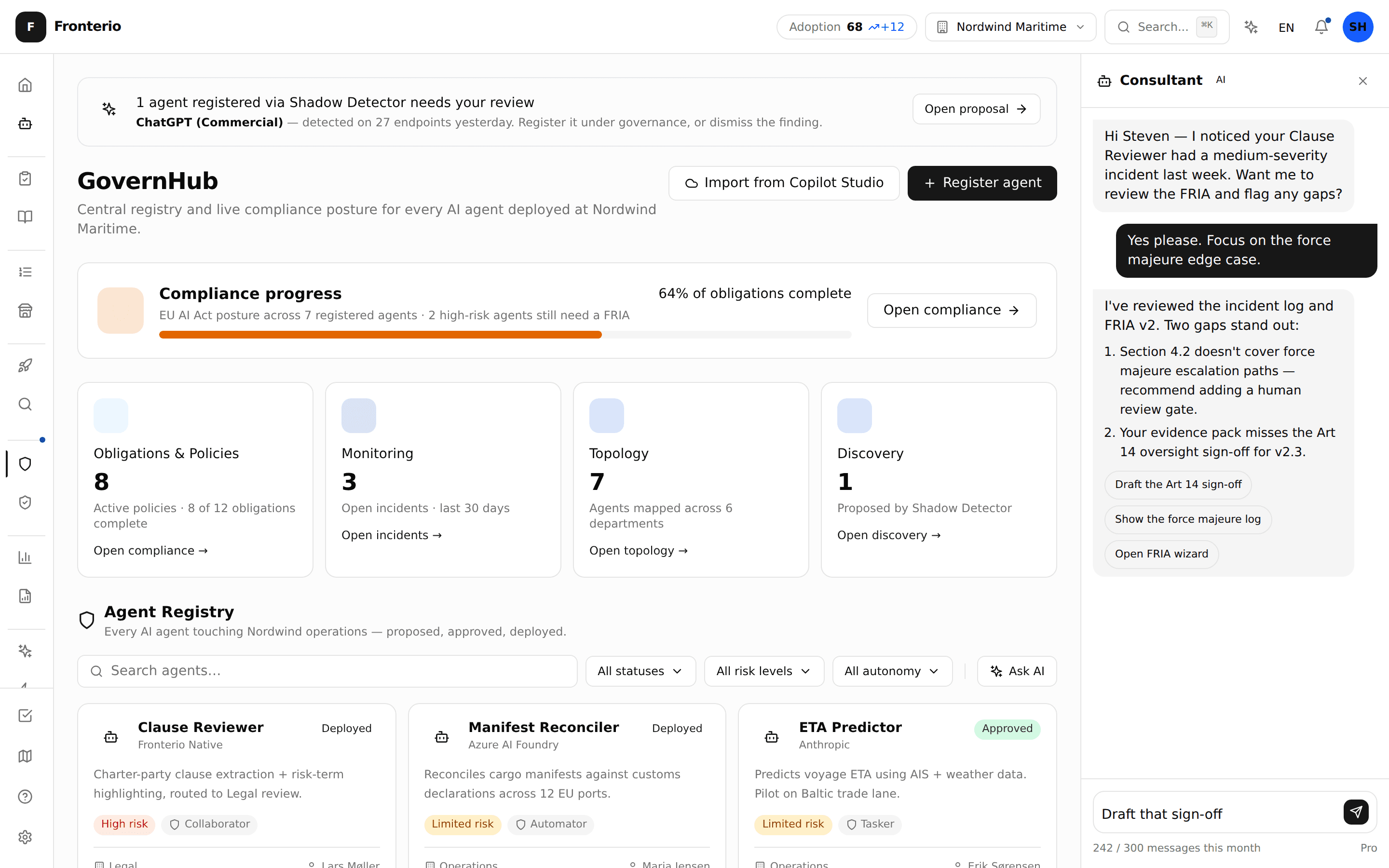 Agent Governance registry with risk classifications and approval queue