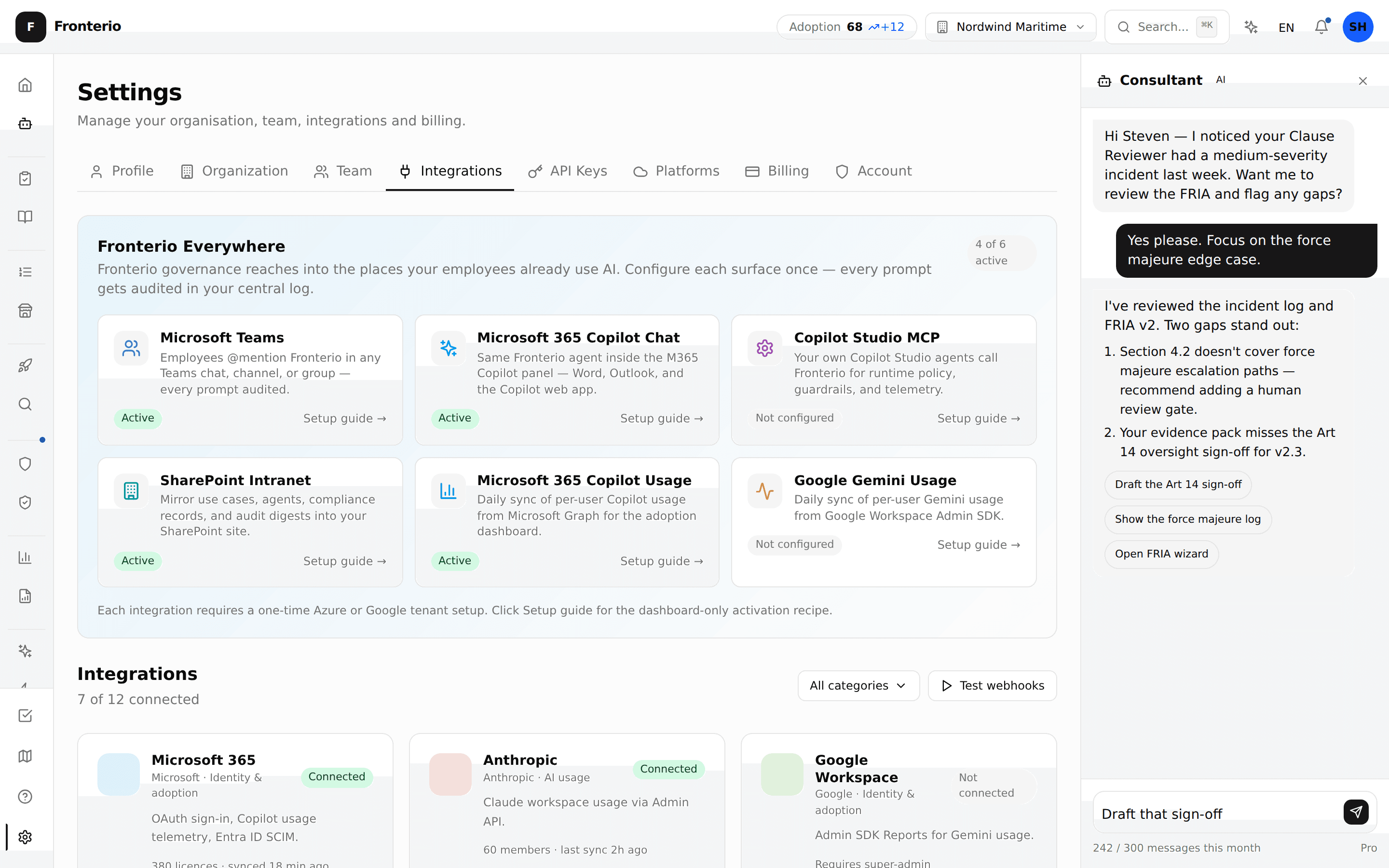 Integrations panel with Langflow connection status and guardrail mapping