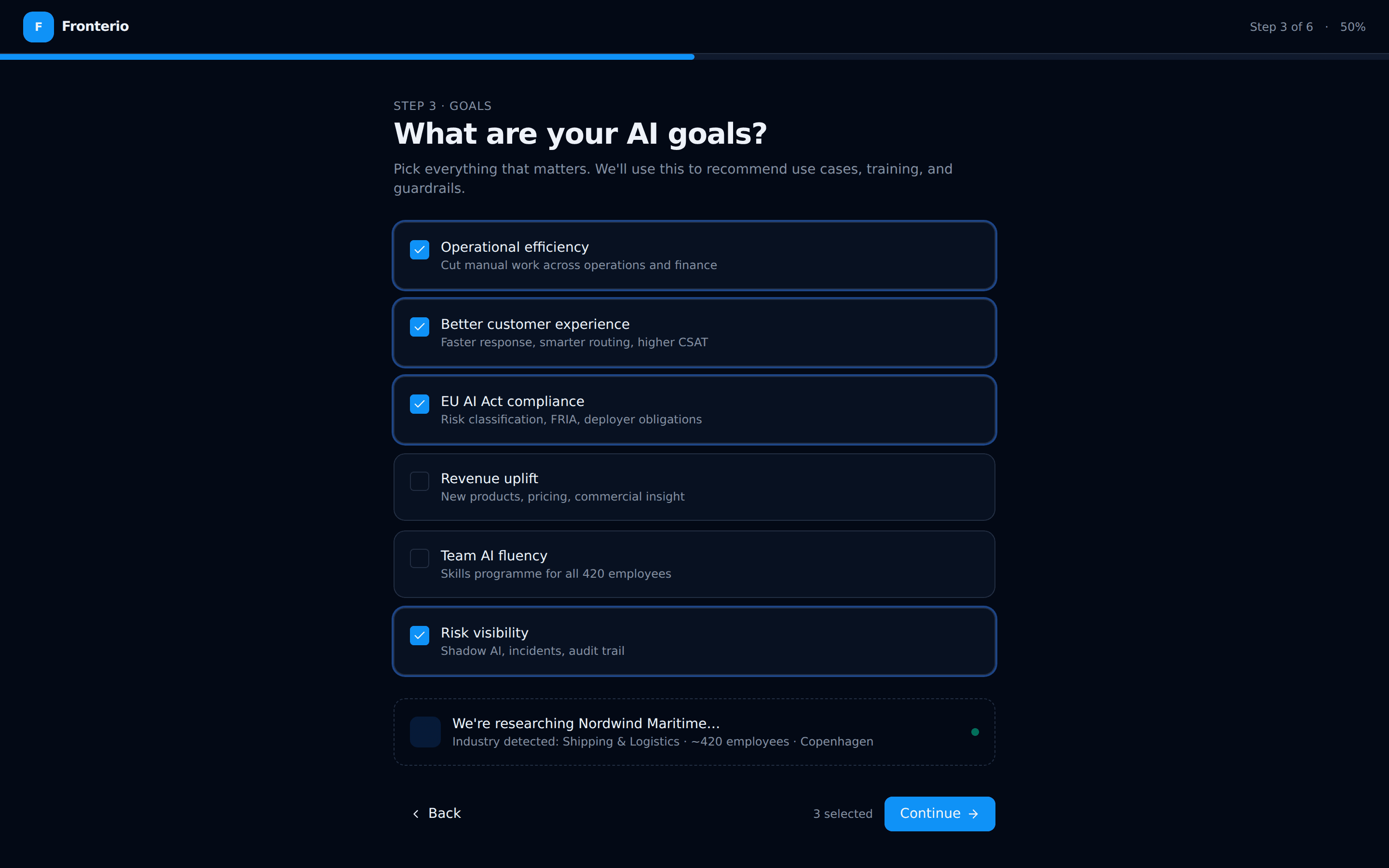 Employee onboarding wizard with role-aware AI goals