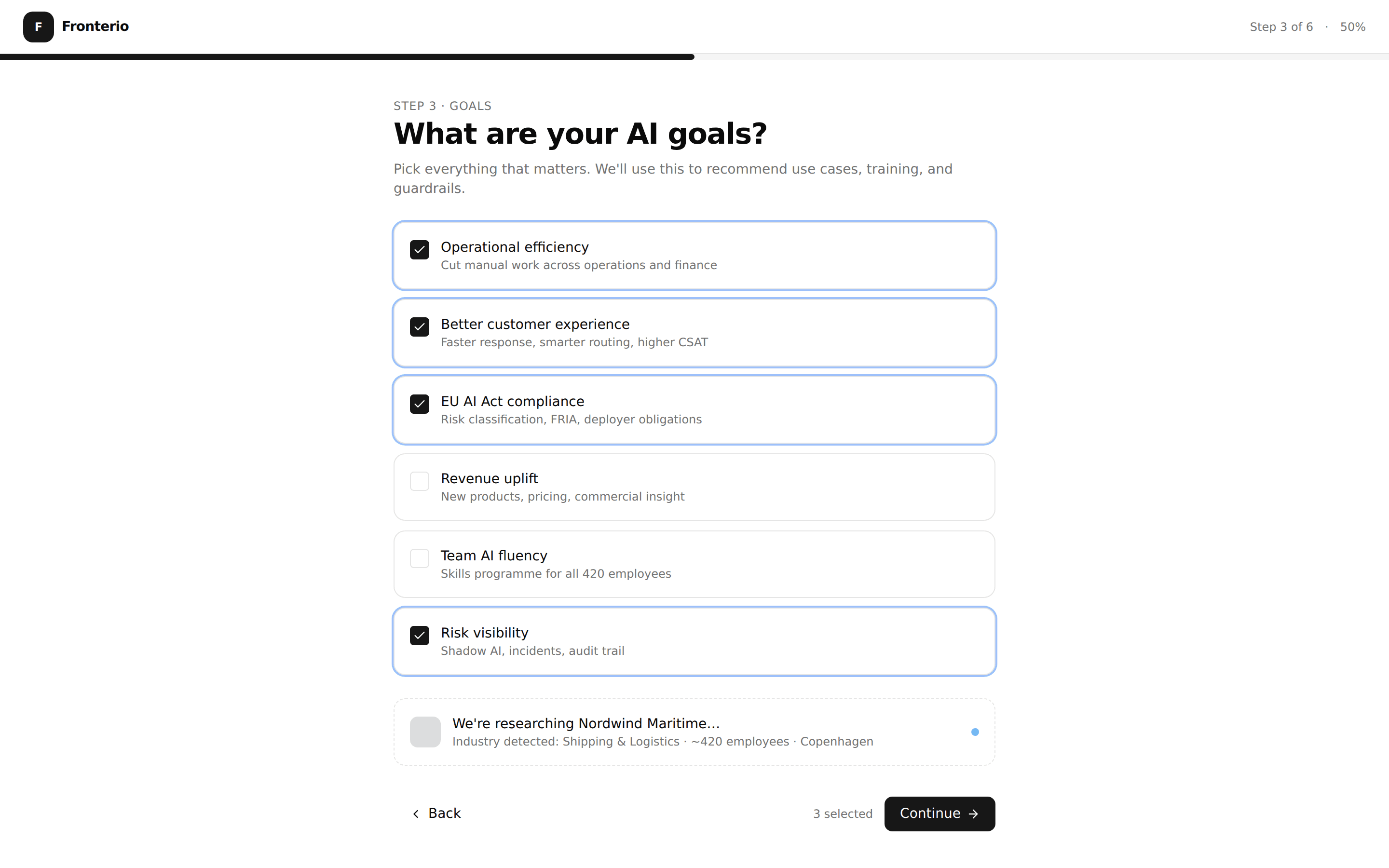 Employee onboarding wizard with role-aware AI goals