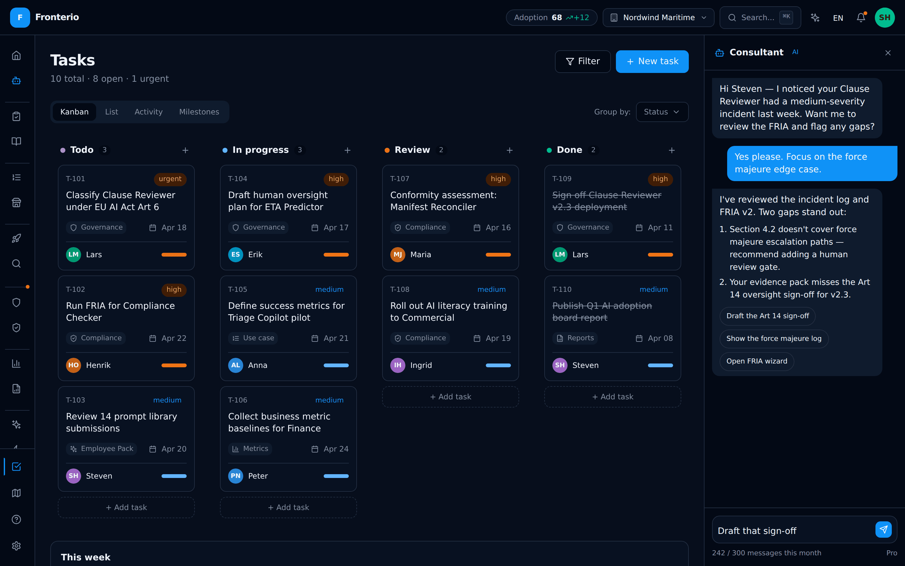 Kanban board with assigned AI tasks across discovery, build, and ship columns