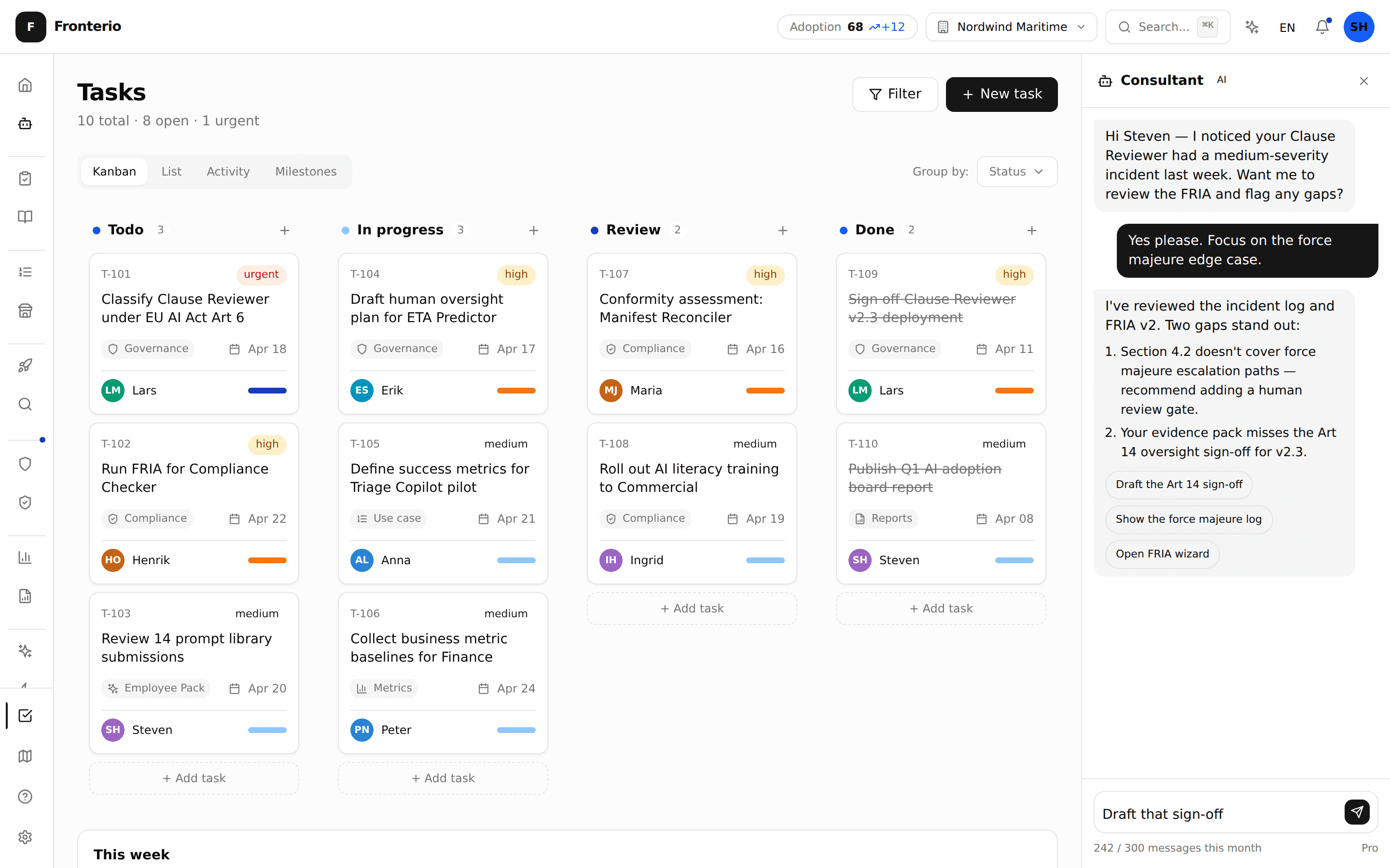 Kanban board with assigned AI tasks across discovery, build, and ship columns