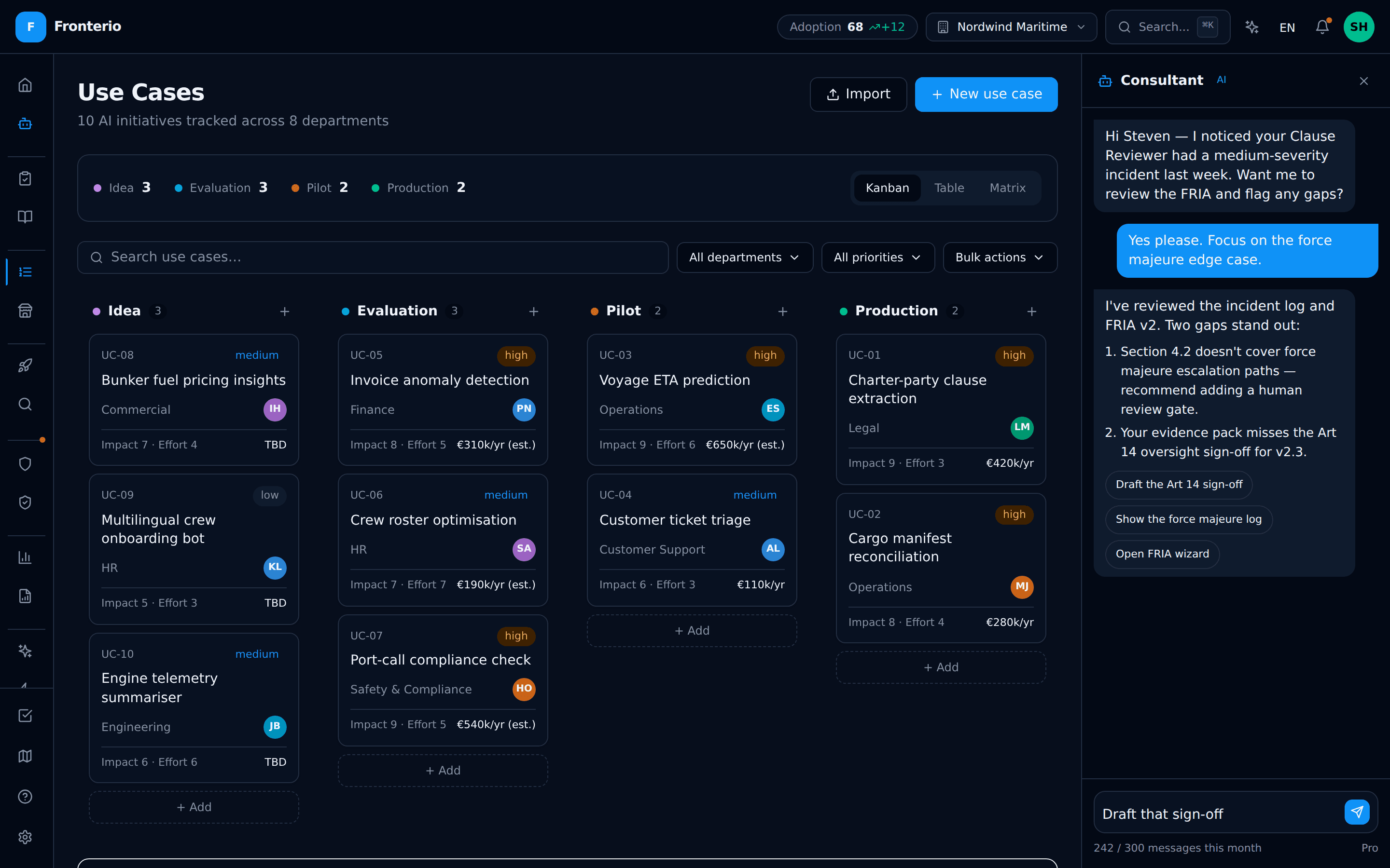Use case registry with prioritisation scores and status